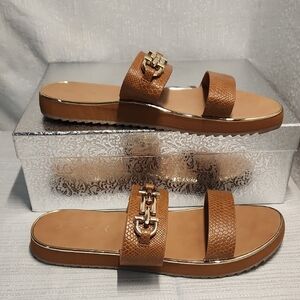 ALDO 9 Gold Embellished Brown Sandals with Leather Straps